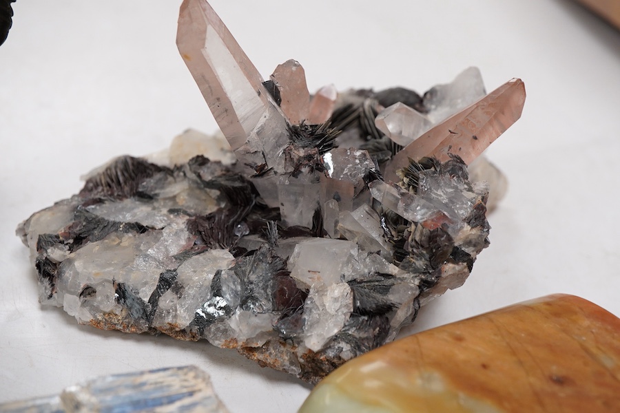 A Chinese bronze small vase, 19th century, rose quartz-14cm and Kyanite specimens, a soapstone seal and a glass snuff bottle